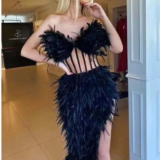 New European And American Feather Tube Top Is Thin Fishbone Sexy Irregular Dress Banquet Party Dress Heavy Industry