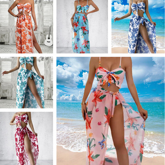 Three-piece Plant Print Bikini Swimsuit.
