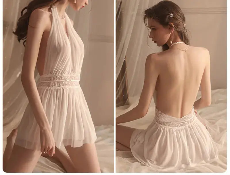 Rose Erotic Lingerie Pure Color Comfortable Pajamas Large Size Suspenders Nightdress Women's Mesh Backless Home Service Set 630