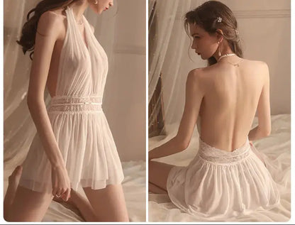 Rose Erotic Lingerie Pure Color Comfortable Pajamas Large Size Suspenders Nightdress Women's Mesh Backless Home Service Set 630