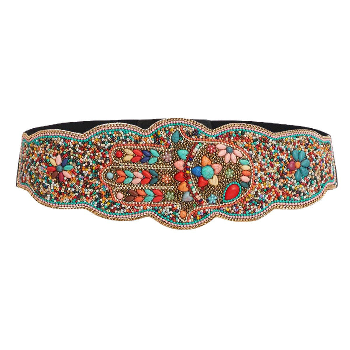 Ethnic Style Beads Suede Bottom PU Waist Belt Pure Handmade Bohemian Style Elastic Wide Waist Belt Ladies Elegant Color Shelllls