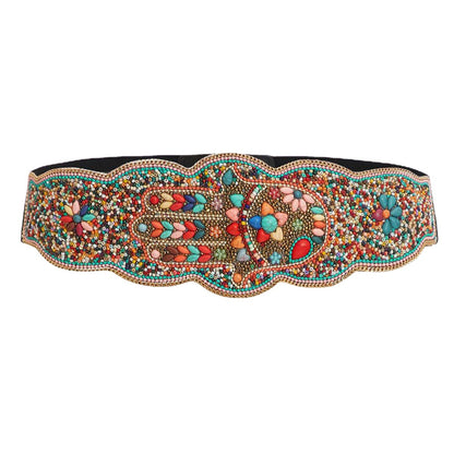 Ethnic Style Beads Suede Bottom PU Waist Belt Pure Handmade Bohemian Style Elastic Wide Waist Belt Ladies Elegant Color Shelllls