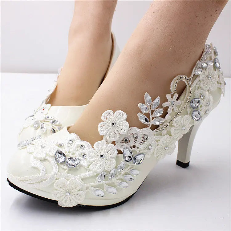 Elegant crystal-embellished bridal heels, handcrafted to order with refined lace detailing.