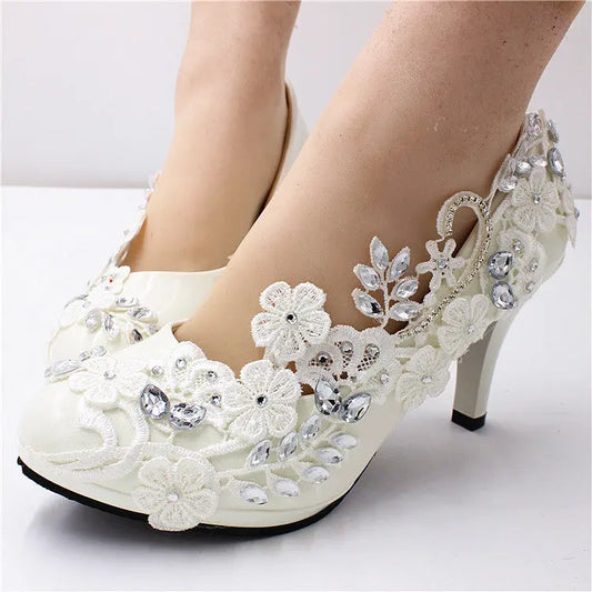 Elegant crystal-embellished bridal heels, handcrafted to order with refined lace detailing.