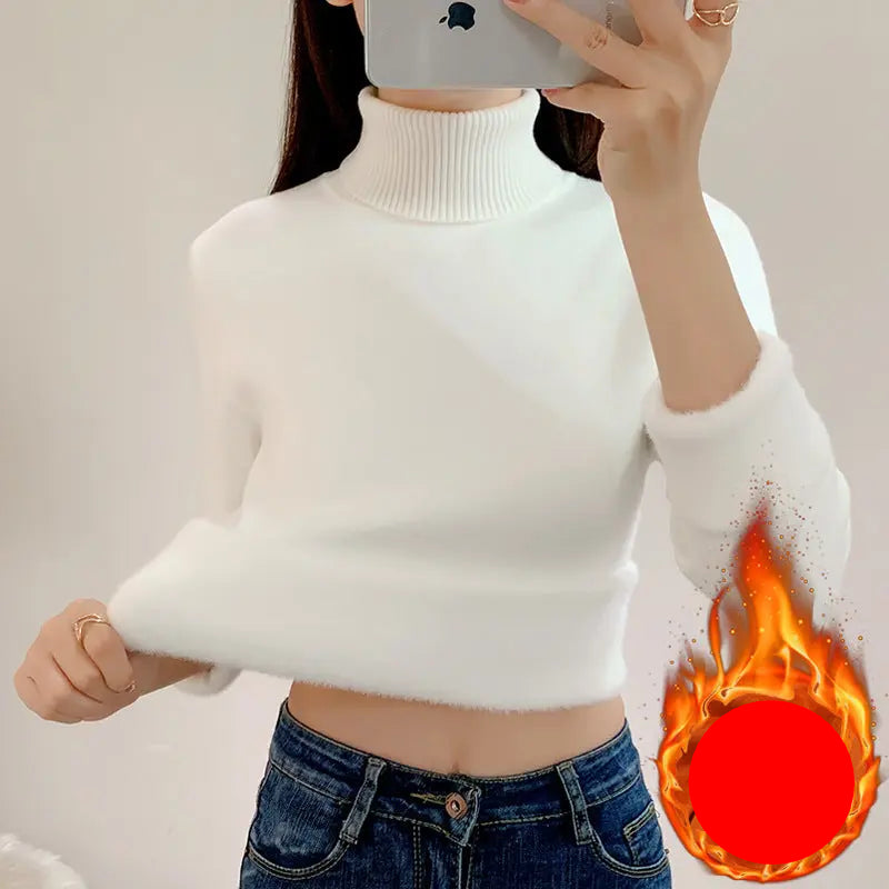 Fleece-lined Thickened Turtleneck Sweater Women's New Inner Warm One-piece Fleece Base Shirt Red New Year Sweater For Autumn And Winter