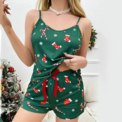 European And American Summer Sexy Female Christmas Pajamas Camisole Shorts Snowflake Home Service Two-piece Pajamas