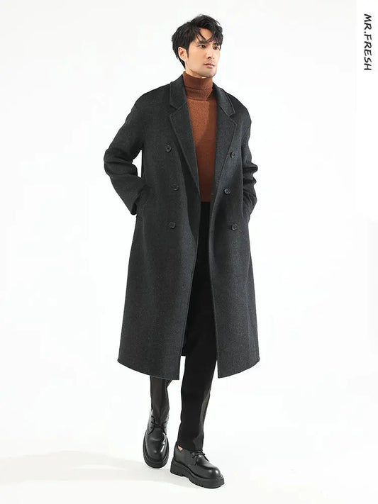 Autumn And Winter Double-Sided Cashmere Coat Men's Long Over-the-Knee Double-breasted Loose Korean-style Wool Coat Coat