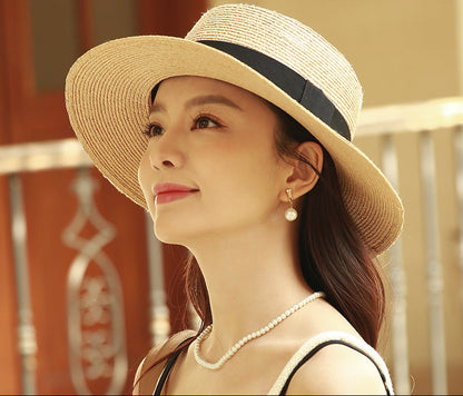 Straw Hat Women&#039;s Summer Flat-brim Sunshade Hat Women&#039;s Rafi Grass Hat Women&#039;s Straw-woven Flat-top Sun Hat Foldable Trendy