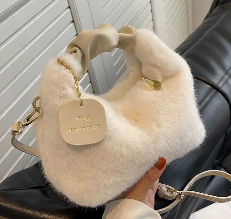 Women's Fluffy Mini Shoulder Bag with Ruched Handle