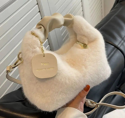 Women's Fluffy Mini Shoulder Bag with Ruched Handle