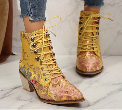 Women's Floral Brocade Lace-Up Block Heel Ankle Boots