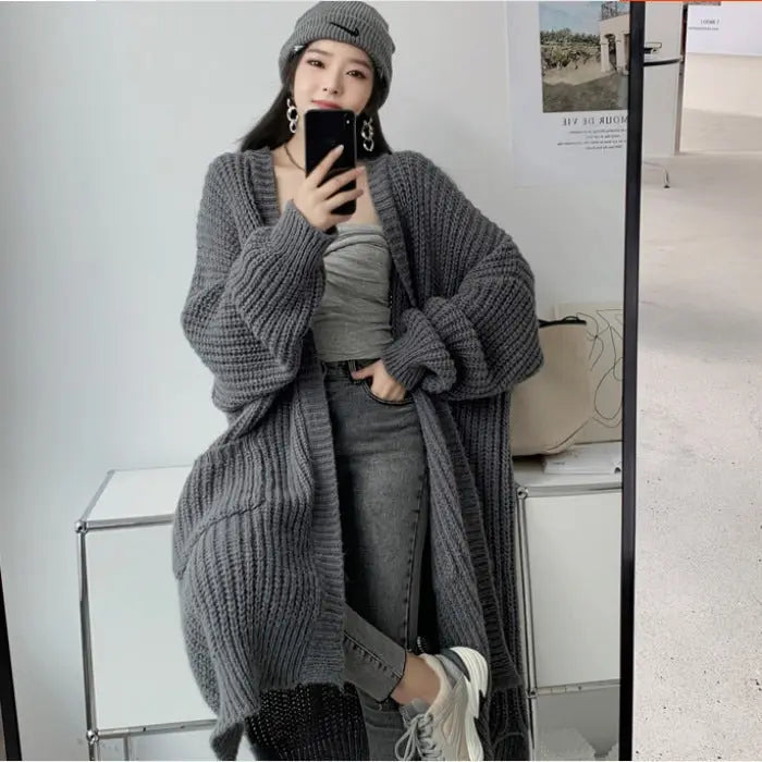 Japanese And Korean Style Lazy Fashion Mid-length Knee-length Sweater Coat Women's Loose All-match Base Long-sleeved Knitted Cardigan Thick Women
