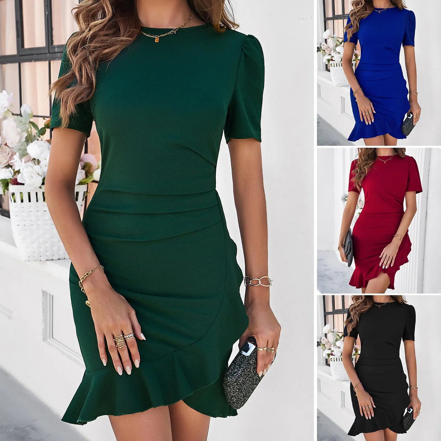 Spring And Summer Foreign Trade Solid Color Temperament Slim Dress