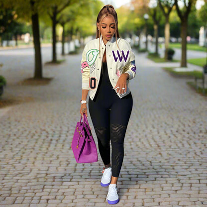 N9082I European And American Women&#039;s Autumn And Winter New Color Matching Press Button Fashion Printing Double-layer Thread Baseball Jacket