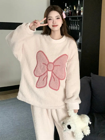 Korean Ins Coral Velvet Pajamas For Women Autumn And Winter Long-sleeved Flannel Sweet Students Soft Thickened Home Clothes