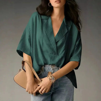 Women's Oversized V-Neck Satin Blouse Casual Batwing Shirt