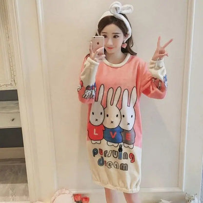 Pajamas For Women, Winter Nightgown, Women's Autumn And Winter Long-sleeved Thickened Student Korean Version Of Cute Cartoon Home Clothes