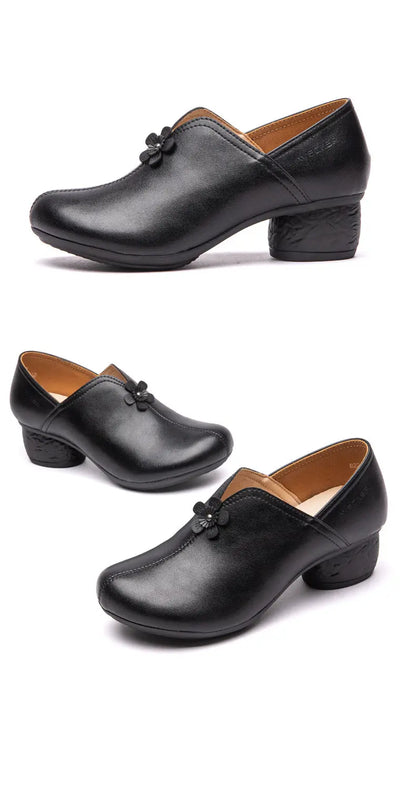 Three views of a pair of women's black leather block-heel mule shoes with decorative tassels on the vamp, shown against a plain white background.