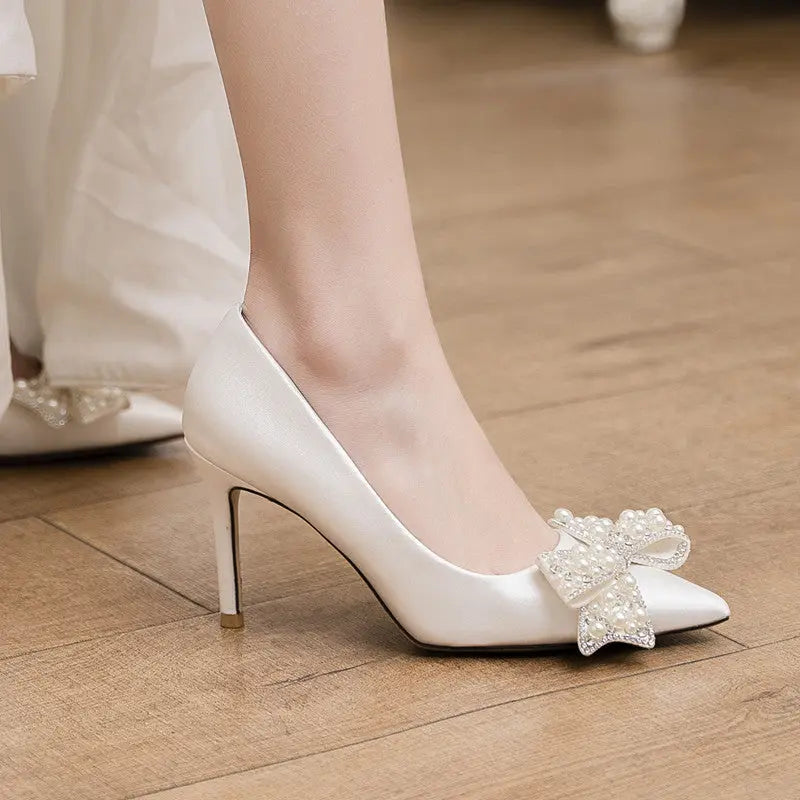 Main Wedding Dress Wedding Shoes Bridal Shoes French Dress Shoes Pearl White High Heel Bridesmaid Shoes Sexy Wine Red Banquet Shoes