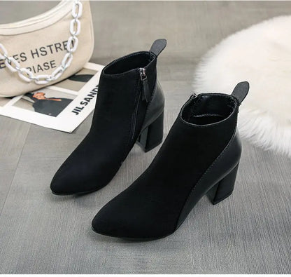 Women's Suede Pointed-Toe Block Heel Ankle Boots
