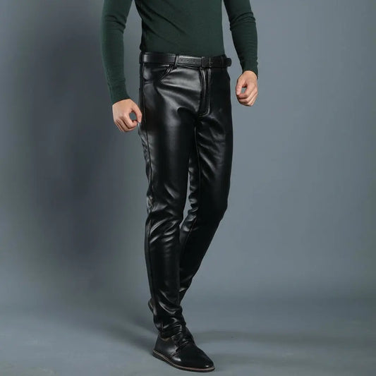 Spring And Summer Models Autumn And Winter Models Plus Velvet Thick Leather Pants Men's Slim Locomotive Warm Pencil Pants Men's Windproof Casual Trousers