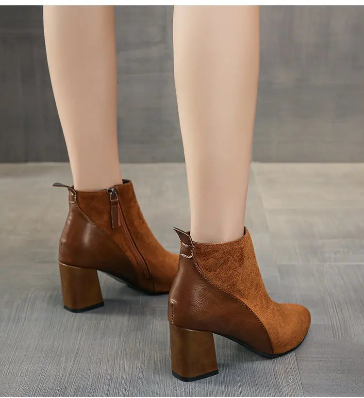 Women's Suede Pointed-Toe Block Heel Ankle Boots