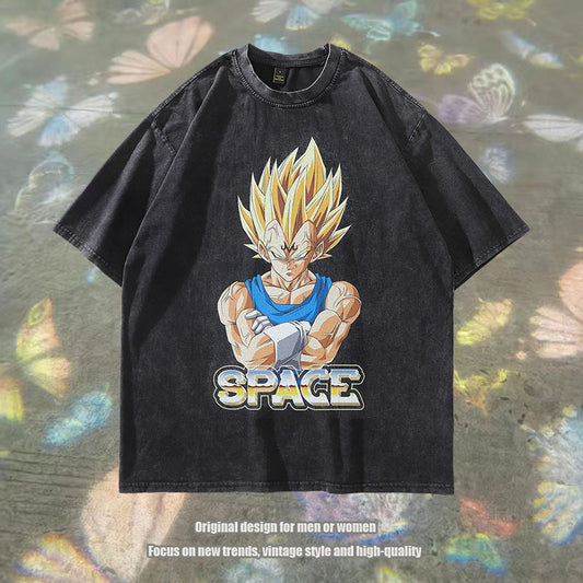 Harajuku Hiphop Vintage Cartoon Cartoon Print Washed Distressed Short Sleeve T-shirt Men And Women Street Half Sleeve Tee