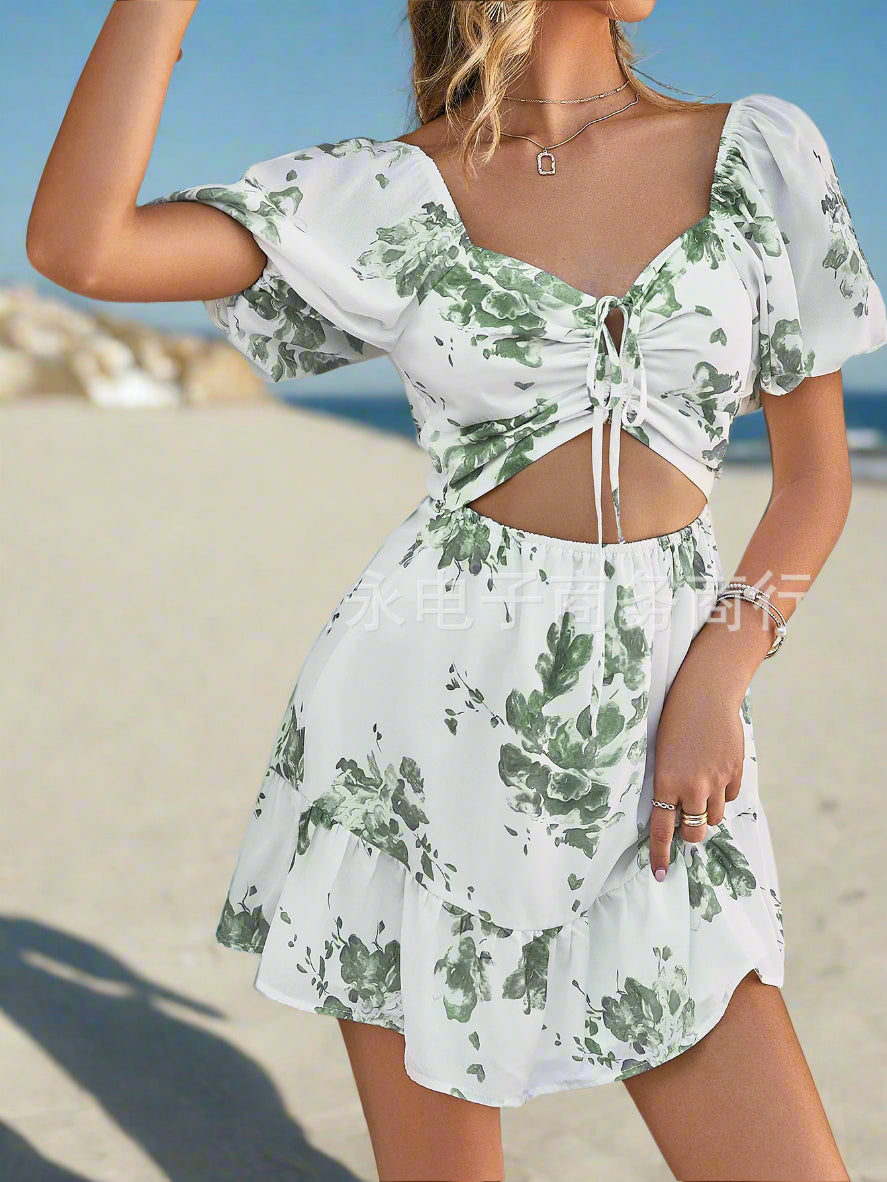 Summer Printed Retro Ins Style Suspender Skirt European And American Spring And Summer Mid-waist Green Temperament Commuter Dress