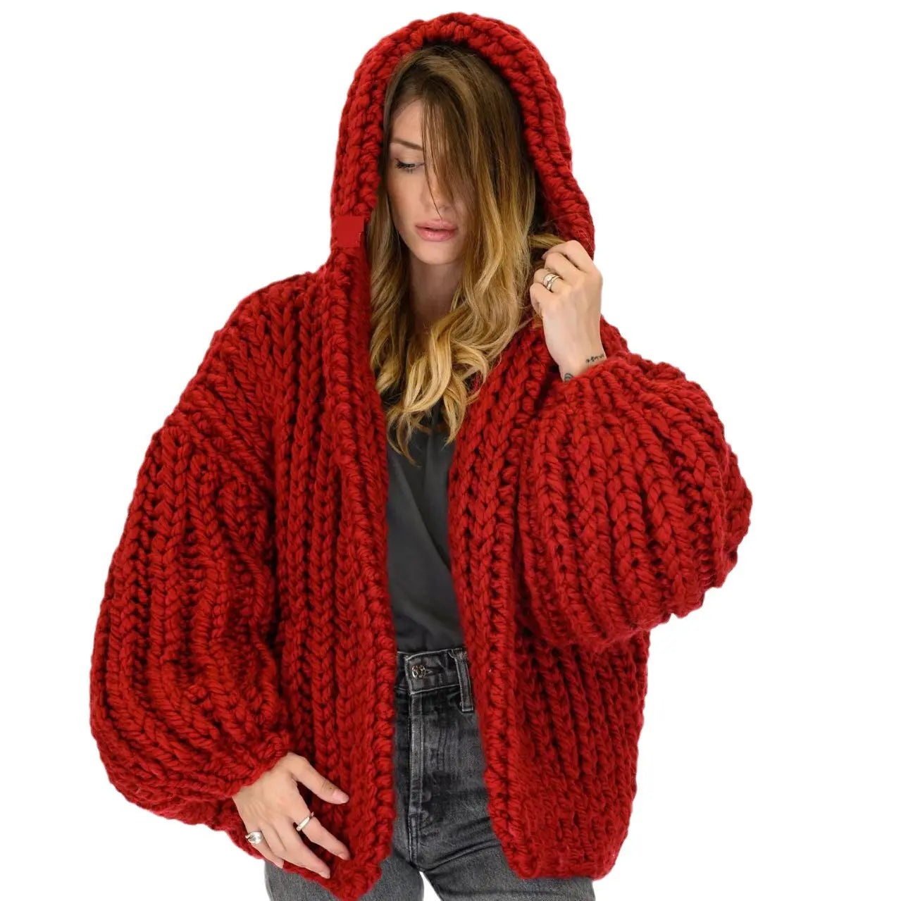 Loose Lazy Style Hooded Sweater Handmade Stick Needle Women's Knitted Cardigan Sweater
