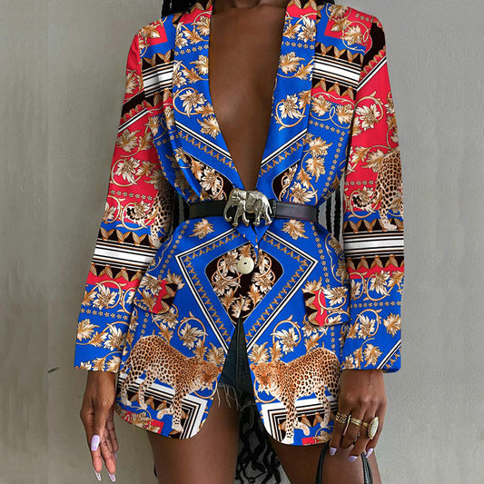 2021 European And American Autumn New Wish AliExpress Fashion Printed Shawl Collar Single-breasted Belt Suit Jacket For Women