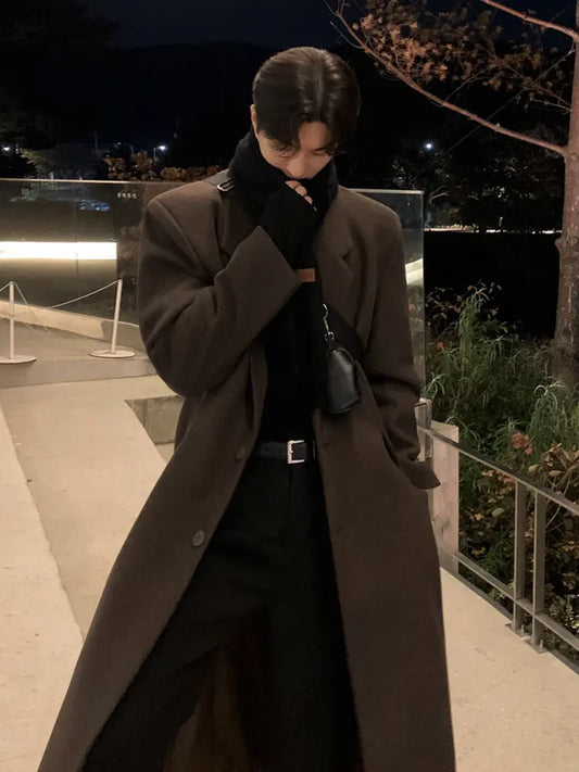 MYQ Woolen Coat Men's Winter Mid-length Knee-length Woolen Coat Korean Style Atmosphere Thickened Warm Coat