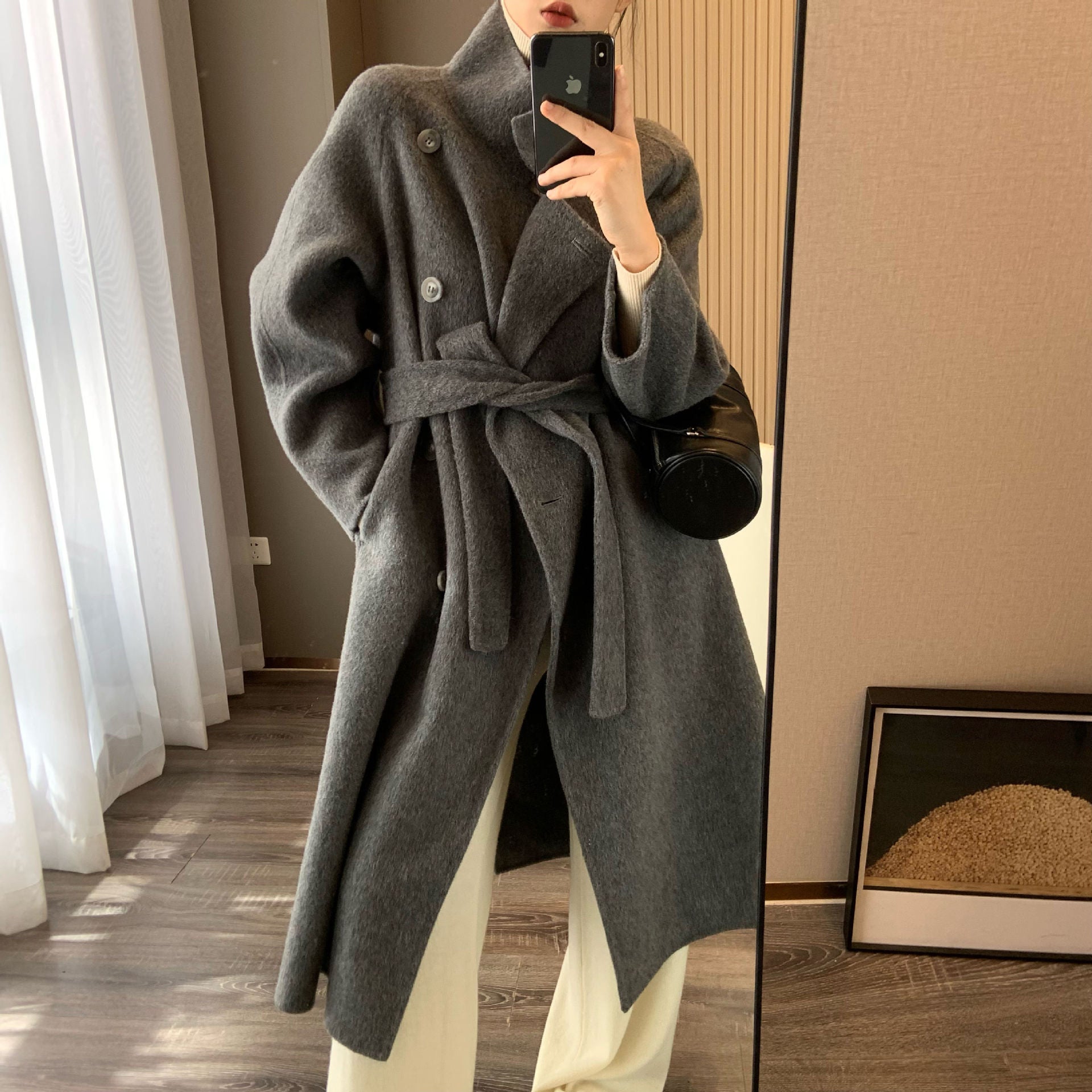 100 Sheep Wool Long-haired Mid-length Double-sided Woolen Coat With Stand-up Collar And Oblique Breasted Buttons