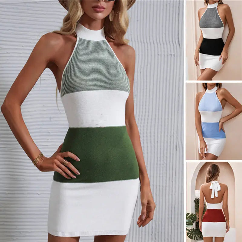 2023 Foreign Trade Hot Summer European And American Clothing Amazon New Contrasting Color Knitted Skirazon Nt Sexy Backless Dress For Women
