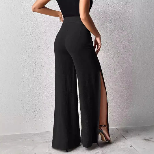 Elegant Black Split Wide-Leg Trousers - High Waist Flowy Formal Pants