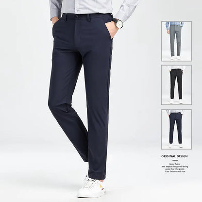 Men's Trousers Ice Silk High Elastic Men's Summer Casual Dress Pants Suit Pants Straight Drape Light Business Long Trousers