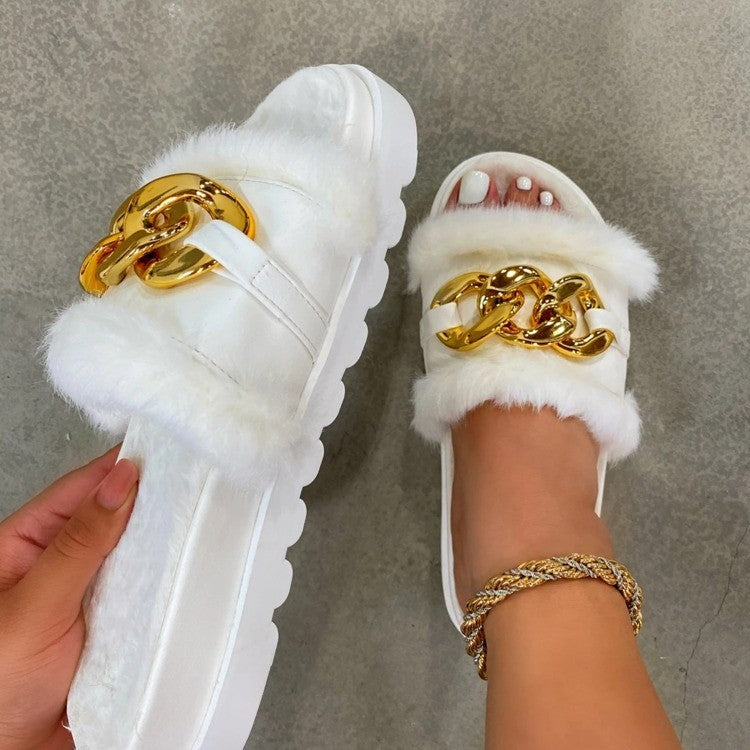 AliExpress Independent Station Foreign Trade Wool Slippers Medium Heel Round Toe Metal Chain Wool Shoes Women Winter Outerwear Black Slippers