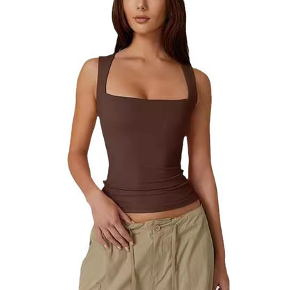 Summer New Women&#039;s Square Collar Sleeveless Double Layer Vest Basic Tight T-Shirt