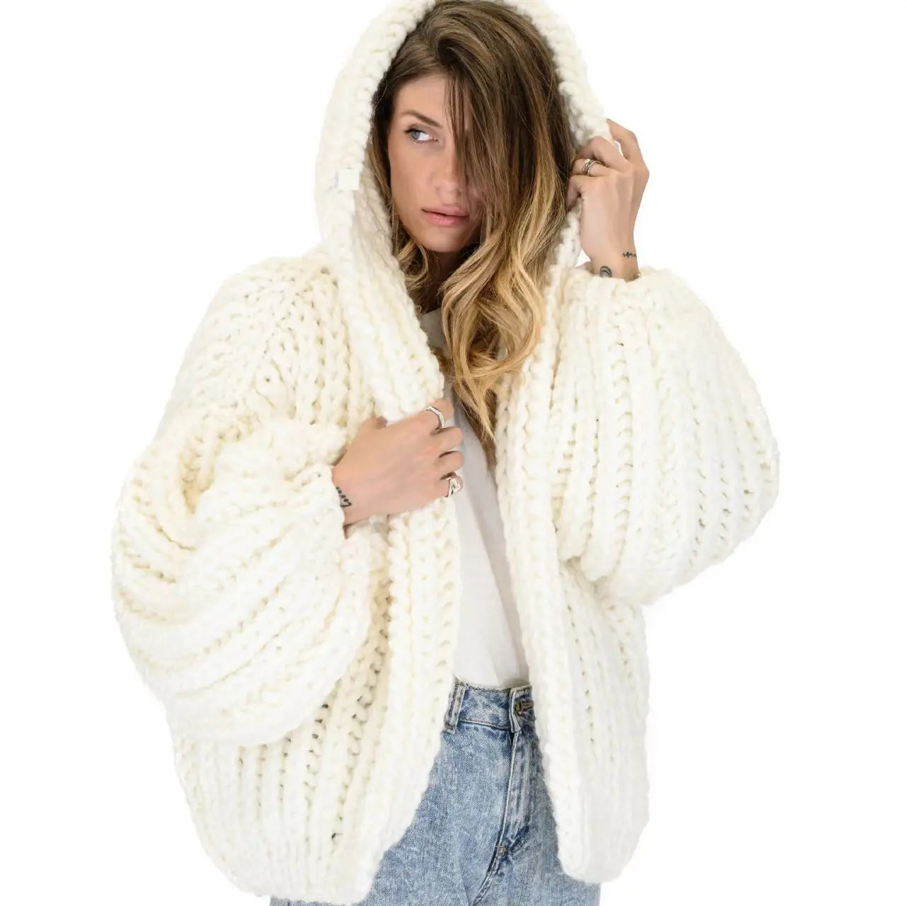 Loose Lazy Style Hooded Sweater Handmade Stick Needle Women's Knitted Cardigan Sweater