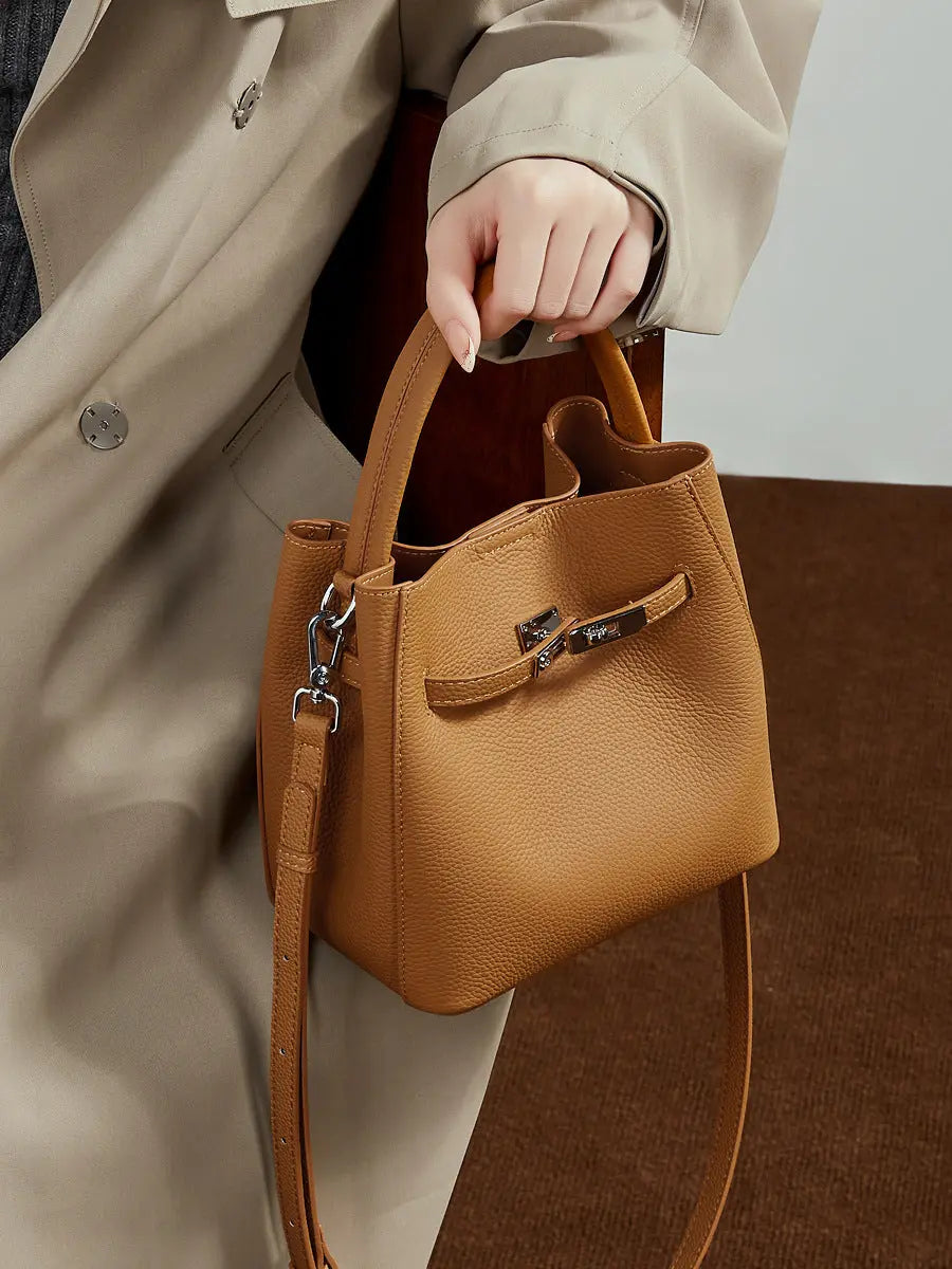 Women's Pebble-Grain Cowhide Leather Mini Bucket Bag