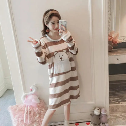 Pajamas For Women, Winter Nightgown, Women's Autumn And Winter Long-sleeved Thickened Student Korean Version Of Cute Cartoon Home Clothes