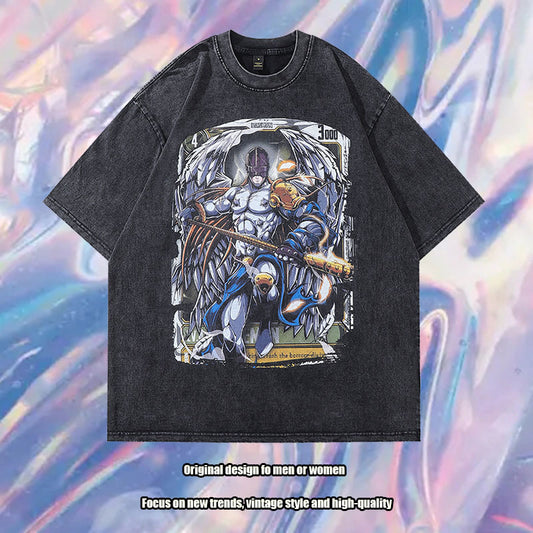 Harajuku Japanese Style Cartoon Animation Printed Street Trendy Brand Heavy Washing Half Sleeve T-Shirt Ins Casual Short Sleeve Men