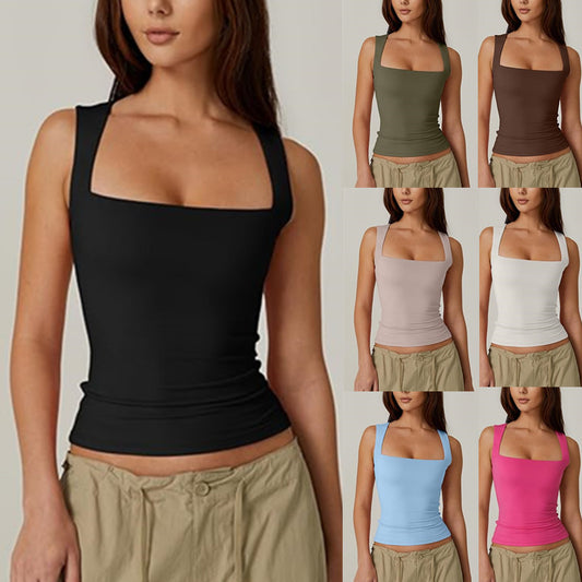 Summer New Women&#039;s Square Collar Sleeveless Double Layer Vest Basic Tight T-Shirt