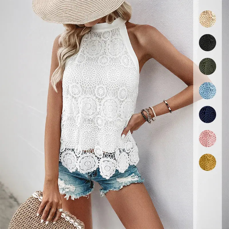 【Bai Fen Zhi Yi】Hot-Selling European And American Summer Elegant Tank Top For Vacation And Leisure, Lace Solid Color Halter Top
