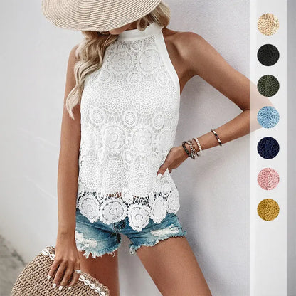【Bai Fen Zhi Yi】Hot-Selling European And American Summer Elegant Tank Top For Vacation And Leisure, Lace Solid Color Halter Top