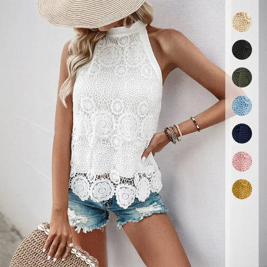【Bai Fen Zhi Yi】Hot-Selling European And American Summer Elegant Tank Top For Vacation And Leisure, Lace Solid Color Halter Top