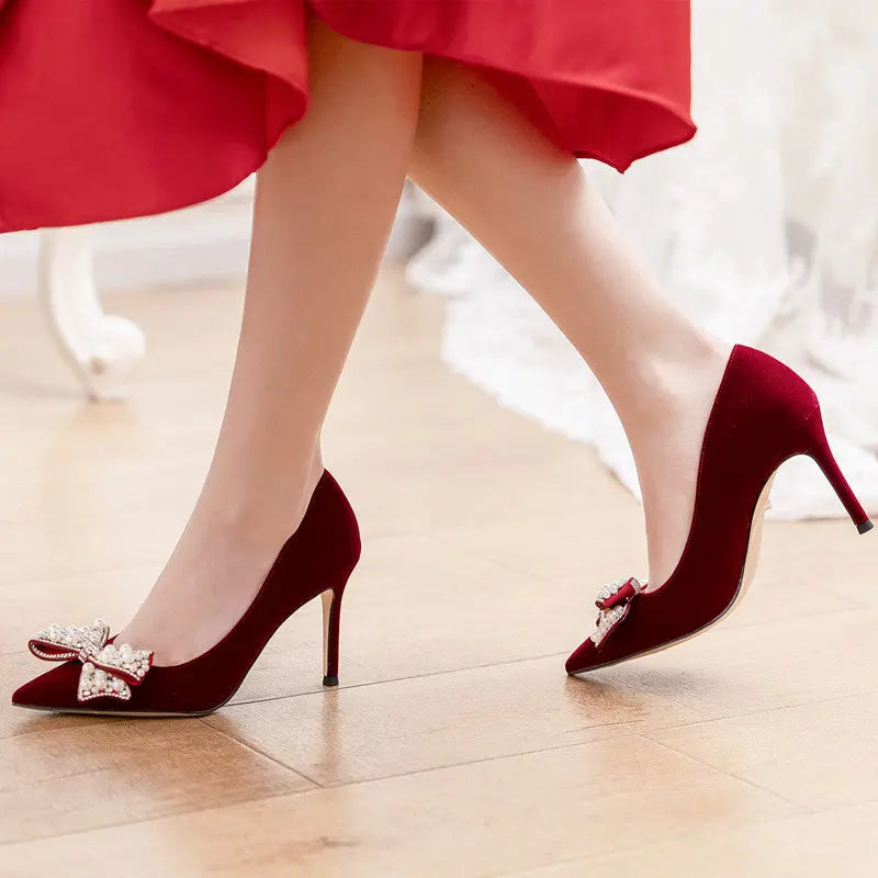Main Wedding Dress Wedding Shoes Bridal Shoes French Dress Shoes Pearl White High Heel Bridesmaid Shoes Sexy Wine Red Banquet Shoes