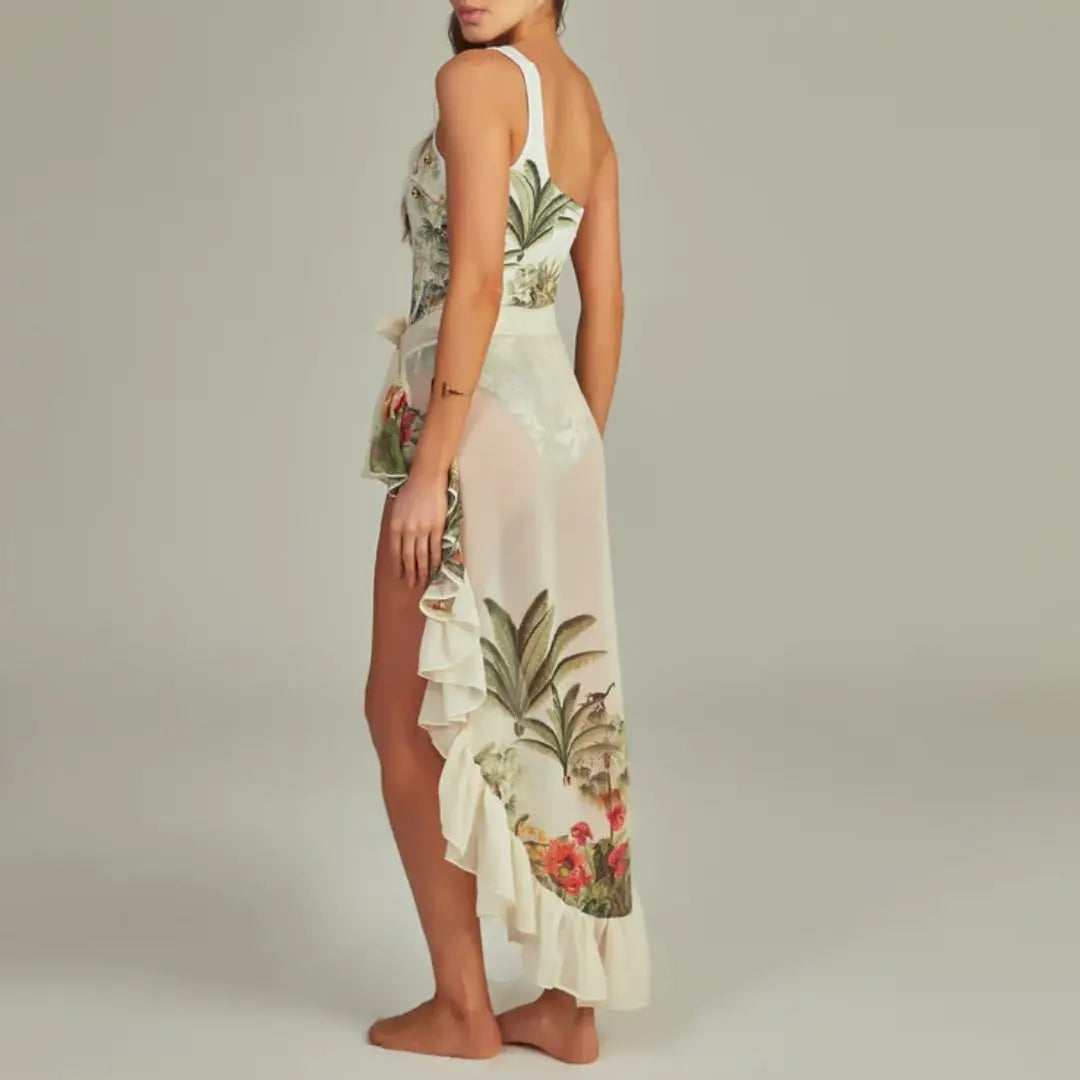 One-shoulder Hollow Tropical Jungle Print One-piece Swimsuit For Women 2024 New Foreign Trade Cross-border Swimwear Amazon