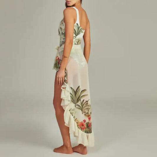 One-shoulder Hollow Tropical Jungle Print One-piece Swimsuit For Women 2024 New Foreign Trade Cross-border Swimwear Amazon