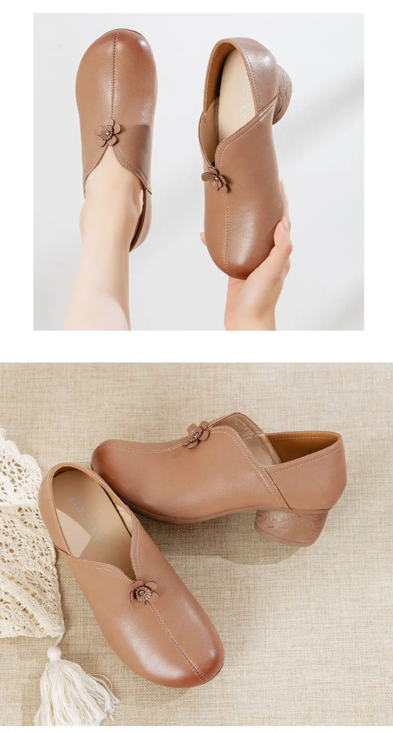 A pair of women's slip-on shoes in a warm tan-brown color, featuring a small decorative bow on the front. The top panel shows the shoes being worn and held by a person, while the bottom panel shows them styled on a textured beige fabric surface.