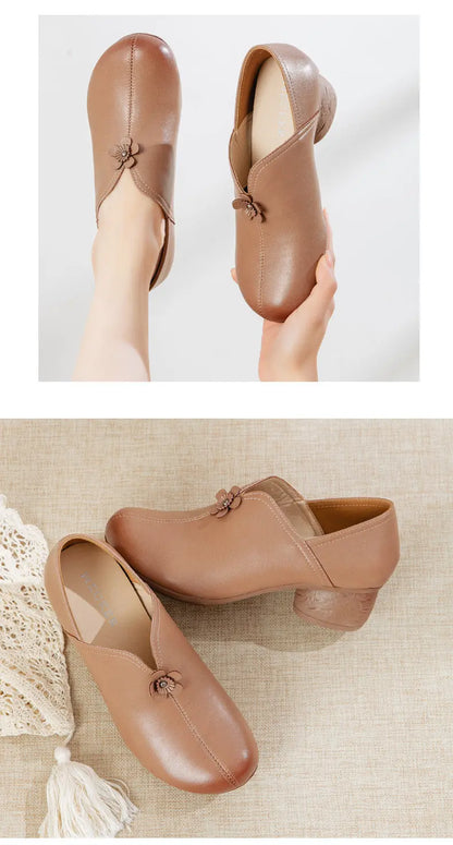 A pair of women's slip-on shoes in a warm tan-brown color, featuring a small decorative bow on the front. The top panel shows the shoes being worn and held by a person, while the bottom panel shows them styled on a textured beige fabric surface.